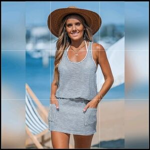 Striped Jersey Sleeveless Pocket  Cover-Up Mini Dress